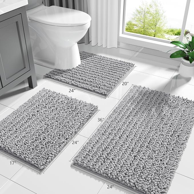 Yimobra Bathroom Rugs Non Slip Washable 32x20 Inch - Ultra Soft Absorbent Chenille Bath Mat, Quick Dry Shaggy Floor Carpet for Tub Shower, Gray Home Decor Accessories