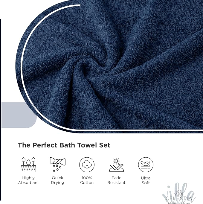 24-Piece 100% Cotton Towel Set, 6 Bath Towels, 6 Hand Towels, 12 Wash Cloth, Quick-Dry, Navy Blue
