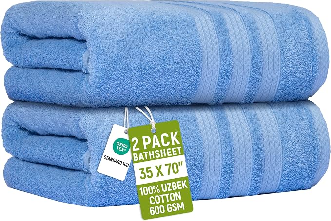 Bath Sheets 2 Pack Extra Large 35 x 70 Inches 600 GSM 100% Ring Spun Combed Uzbek Cotton Bath Towels Oeko-TEX Certified Soft Highly Absorbent Quick Dry – Light Blue