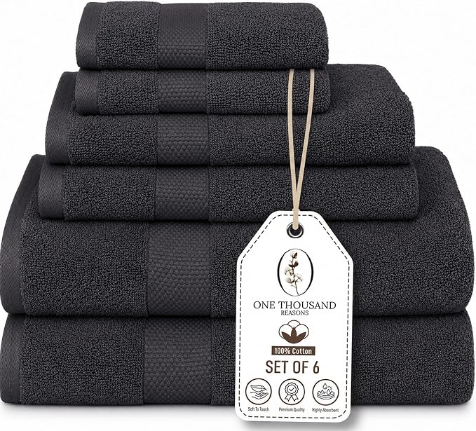 Premium Staple Cotton Bathroom Towel Set - Dark Gray 600 GSM 6-Piece Luxury Bath Towel Set 1 Stripe - 2 Bath Towels, 2 Hand Towels & 2 Washclothes Set - High Absorbent & Quick Dry for Gym, Spa, Hotel