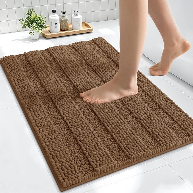 Smiry Thick Small Chenille Bathroom Rugs 24x16, Extra Soft Absorbent Striped Bath Mat, Machine Washable, Rubber Backing, Bath Rugs for Bathroom, Tub & Shower, Modern Home Decor Accessories, Mocha