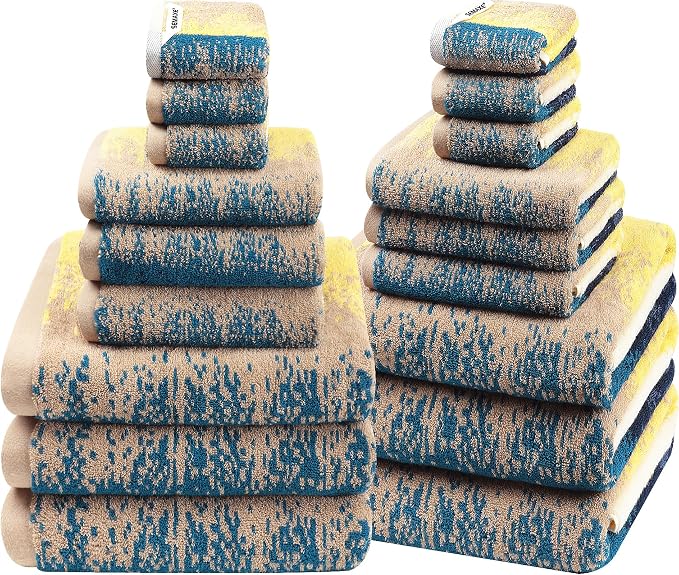 18-Piece Cotton Bath Towel Set for Bathroom, Hanging Loops, Coastal Ombre | Stock-up towel set for family bathrooms, guest baths, multi-bath homes, and wash-day rotation, OEKO-TEX certified, easy care