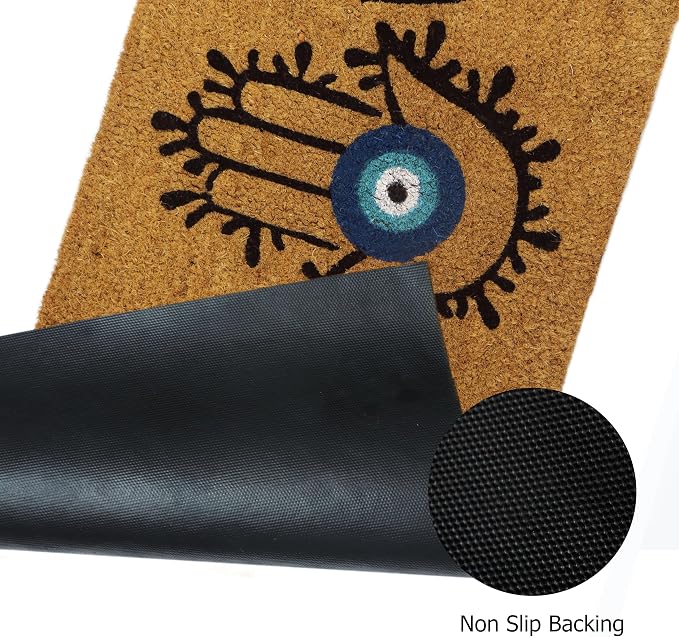 Croft&Cane Good Vibes Evil Eye Welcome Doormat – Extra Wide 17x39 Non Slip Natural Coco Coir Door Mat – Dirt Trapping Indoor Outdoor Large Entryway Rug for Wide Doorways Patio Porch High Traffic Areas