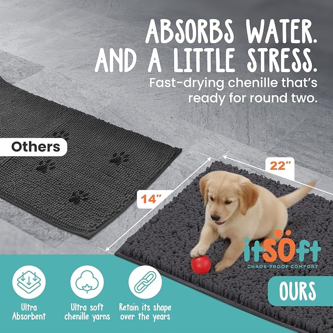 Dog Rugs for Muddy Paws 22x14 | Cleaner Mud Free Floors | Muddy Dogs Mats for Indoor, Dog Mat for Muddy Paws Door Mat Washable, Absorbent Chenille Mud Rug Paw Matt w/ Non Slip Backing, Charcoal Grey