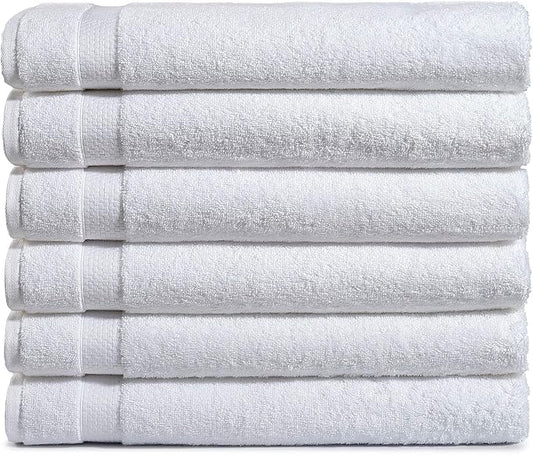 Amazon Basics 6-Pack Bath Towels, 100% Ring Spun Cotton, 600 GSM, Lightweight and Highly Absorbent, Quick Drying, Hotel Quality, 27 x 54 inches, White