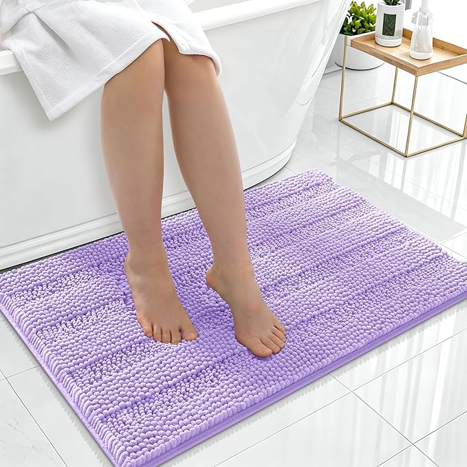Smiry Thick Chenille Bathroom Rugs 36x24, Extra Soft Absorbent Striped Bath Mat, Machine Washable, Rubber Backing, Bath Rugs for Tub & Shower, Modern Home Decor Accessories, Lavender