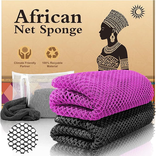 2-Pack African Net Sponge - Exfoliating Scrubber for Face & Body Shower, Travel-Ready, Durable, Gentle Exfoliation for Sensitive Skin(Purple,Black)