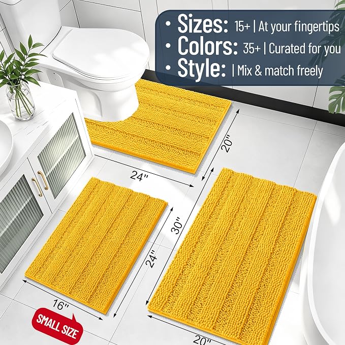 Smiry Thick Chenille Bathroom Runner Rugs 44x24, Extra Absorbent Striped Bath Mat, Machine Washable, Rubber Backing, Long Bath Rugs for Bathroom, Tub & Shower, Home Decor Accessories, Golden Yellow