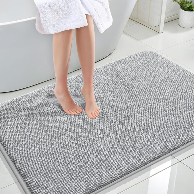 OLANLY Thick Memory Foam Large Bathroom Rugs 44x32, Extra Soft Absorbent Bath Rug, Quick Dry Bath Mat, Non-Slip, Machine Washable Mats for Bathroom, Tub and Shower, Home Decor Accessories, Light Grey