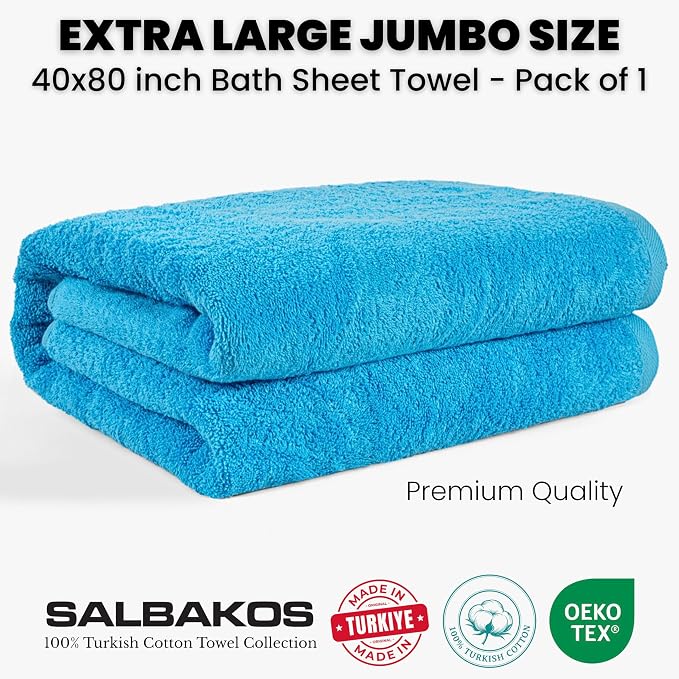 SALBAKOS Luxury 100% Turkish Cotton 40x80 in Extra Large Beach & Bath Towels | Oversized Bath Sheets | Premium Hotel Quality Thick Soft Absorbent Turkish Towel (Pack of 1, Aqua, Jumbo Bath Sheet)