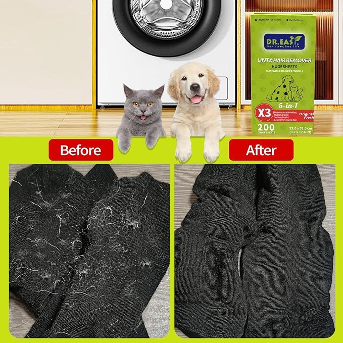 Dr.Easy LINT & HAIR REMOVER Pet HUGESHEETS with 3X Dryer Sheets, Original Fresh, 200 Count,PLANT&MINERAL-BASED FORMULA