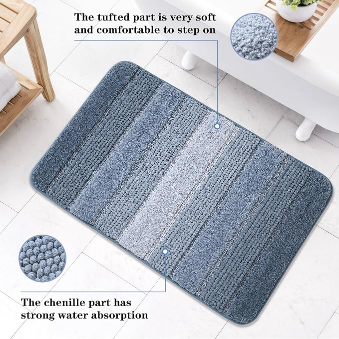 Kmson 2 Pcs Ombre Chenille Bathroom Rugs Set, Non-Slip Shower Mats for Bathroom Floor & Bathtub, Ultra Soft Washable Shaggy Bath Rugs, Thick Absorbent Microfiber Bath Mat Set Blue