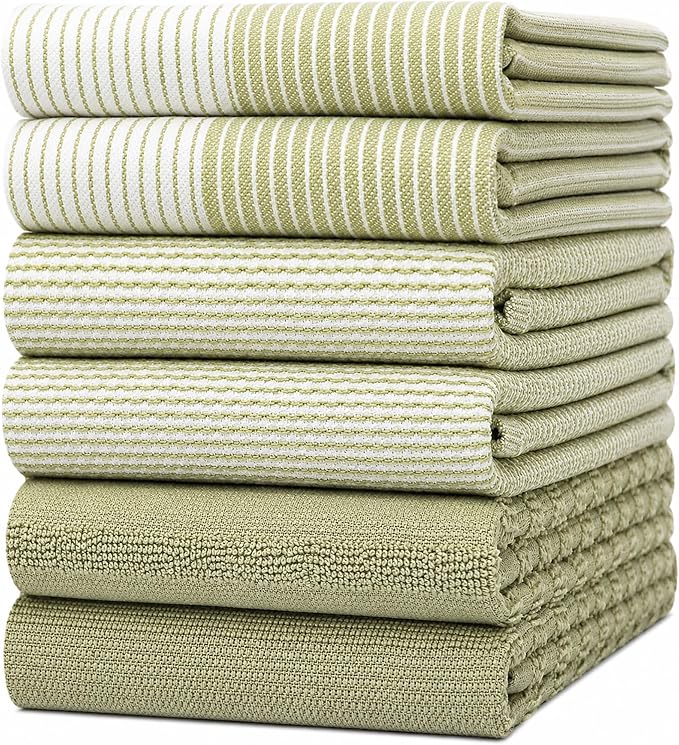 Premium Kitchen Towels (20”x 28”, 6 Pack) | Large Cotton Dish Towels | Flat & Terry Highly Absorbent Kitchen Linen Set with Hanging Loop | Sage