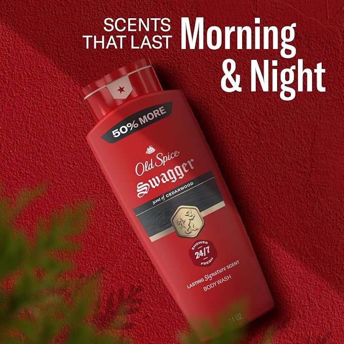 Old Spice Refreshing Body Wash for Men, 3X Defense, 24/7 Shower Fresh with Long Lasting Scent, Red Collection, Swagger with Cedarwood Scent, 24 oz (Pack of 4)