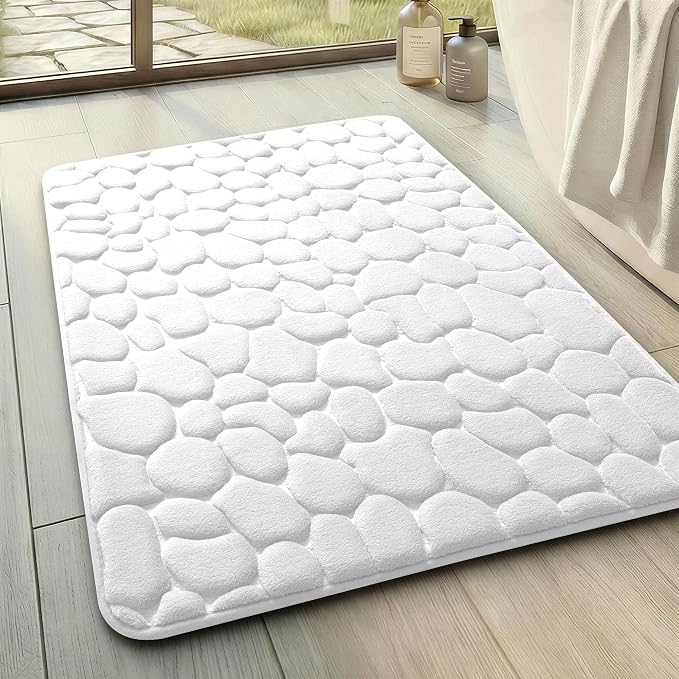 YIHOUSE Memory Foam Bath Mat Cobblestone Bathroom Rugs Super Water Absorbent Bath Mats for Bathroom Machine Washable Bath Rugs(17 x 24,White)