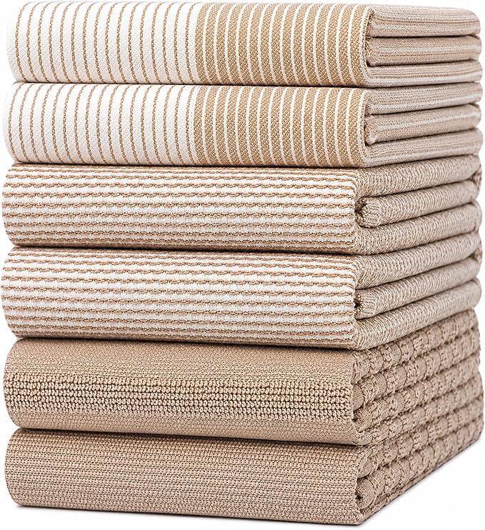 Premium Kitchen Towels (20”x 28”, 6 Pack) | Large Cotton Dish Towels | Flat & Terry Highly Absorbent Kitchen Linen Set with Hanging Loop | Tan