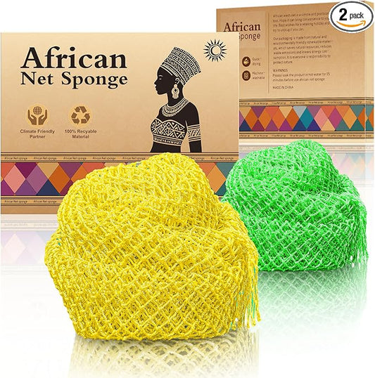 Real African Net Sponge - 2 Pieces Premium Body Exfoliator - Gentle Scrub for Dry/Sensitive Skin - Durable & Easy Rinse Shower Essential (Yellow Green)
