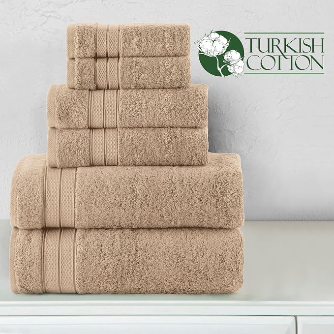 Elegant Comfort Luxury 6-Piece Towel Set, Premium Soft 100% Turkish Cotton, Three Line Popcorn Design 2 Bath Towels, 2 Hand Towels and 2 Washcloths Towel Set - Quick-Drying and Absorbent, Tan
