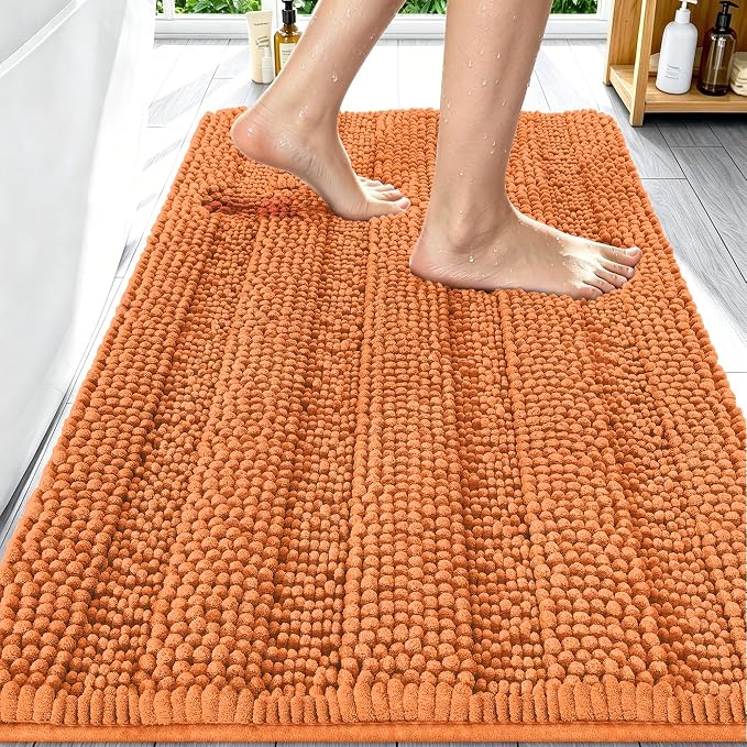 Smiry Thick Chenille Bathroom Rugs 30x20, Extra Soft Absorbent Striped Bath Mat, Machine Washable, Rubber Backing, Bath Rugs for Bathroom, Tub & Shower, Modern Home Decor Accessories, Clay