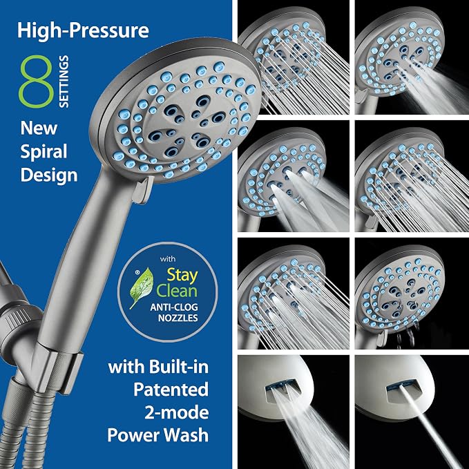AquaCare Seen-On-TV High Pressure 8-mode Handheld Shower Head - 2-mode Power Wash to Clean Tub, Tile & Pets, Stay-Clean Nozzles, Extra Long 6 ft. Stainless Steel Hose, Wall & Overhead Brackets, Modern