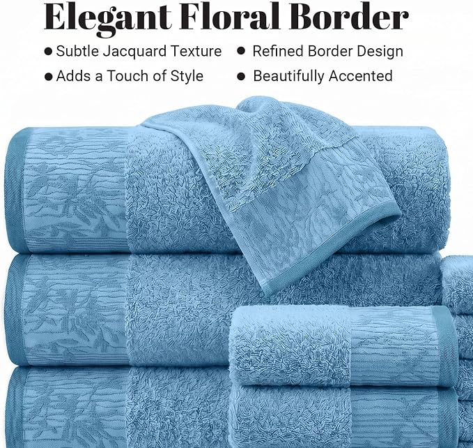 Superior Floral Jaquard Cotton Bath Towels, 2pc Towel Set, Waterfall Blue | Soft Absorbent Quick Dry Terry Weave, Machine Washable Breathable Premium Hotel Quality, Wisteria Towels, Large 2 Bath Towel