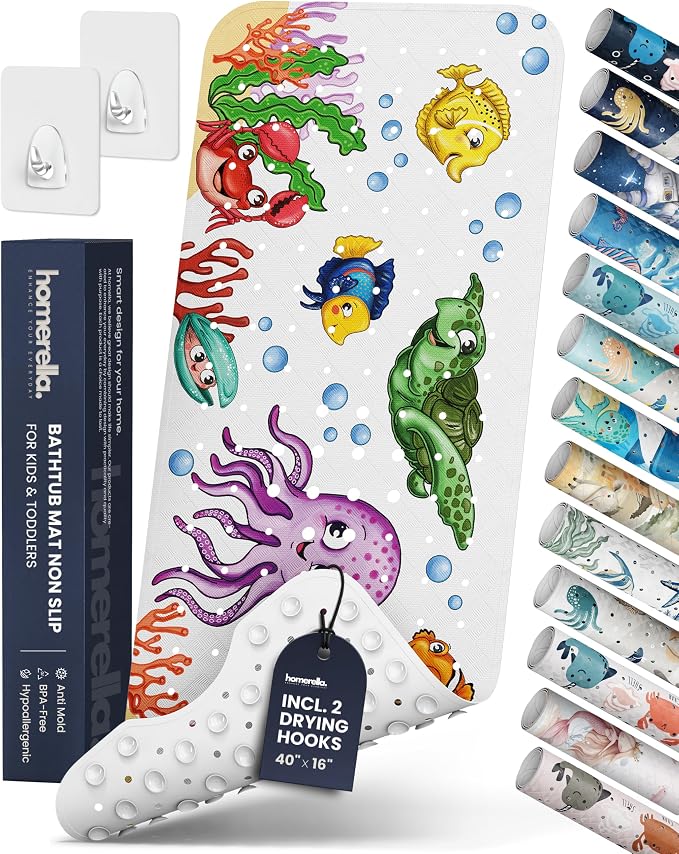Bath Tub Mat Non Slip Anti Mold for Kids BPA Free INCL Hooks - homerella® Ocean Sea Animals 40x16, Baby Bath Mat Non Slip 200 Suction Cups, Non Toxic Machine Washable Toddler Bath Mat, EU Certified