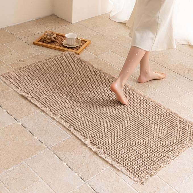 Waffle Bath Mat Non Slip, Boho Runner Rug, Super Absorbent Quick Dry Long Bath Runner Bathroom, Soft Farmhouse Bath Rug with Tassels, Washable Shower Mats for Floor 24"x48", Brown