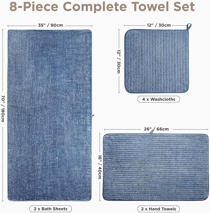 Oversized Bath Towels 8 Piece Towel Set, 2 Extra Large Bath Sheets, 2 Hand, 4 Washcloths, Luxury Soft Super Absorbent Thick Shower Towels for Bathroom, Spa & Hotel, Quick Dry, Electric Blue