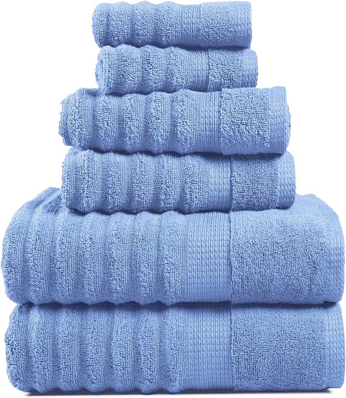 LANE LINEN 100% Cotton Bath Towel - 6 Piece Set - Hotel Grade Luxury Zero Twist Cotton - 2 Bath, 2 Washcloths, 2 Hand Towels for Bathroom - Super Soft, Quick Dry & Highly Absorbent - Cerulean Blue