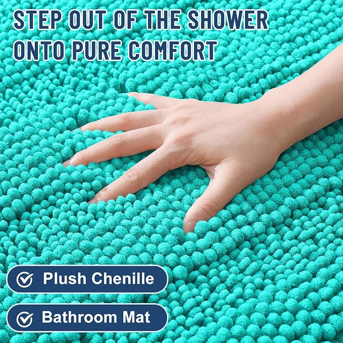 Grandaily Chenille Striped Bathroom Rugs 47x20, Extra Thick and Soft Absorbent Bath Mats, Rubber Backing, Plush Shaggy Shower Carpet, Machine Wash Dry, Bath Rug for Bathroom, Turquoise