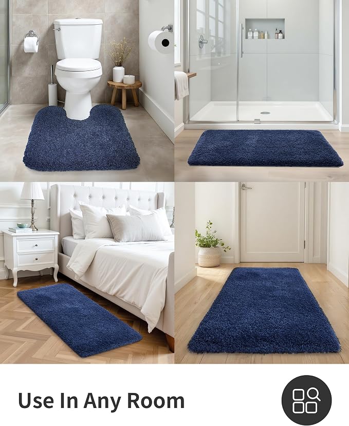 ILANGO Navy Blue Bathroom Rugs 24" × 17" Small Non Slip & Super Absorbent Extra Thick Soft, Washable Bath Mat for Floor, Microfiber Plush Shaggy Bath Rug with Rubber for Bathtub Shower Room Sink