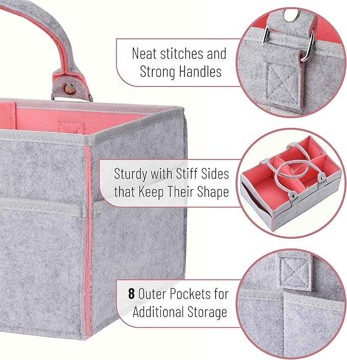 Mr. Pen- Baby Diaper Caddy Organizer, Gray, Pink Inside | Nursery Storage Bin and Car Organizer for Diapers and Baby Wipes