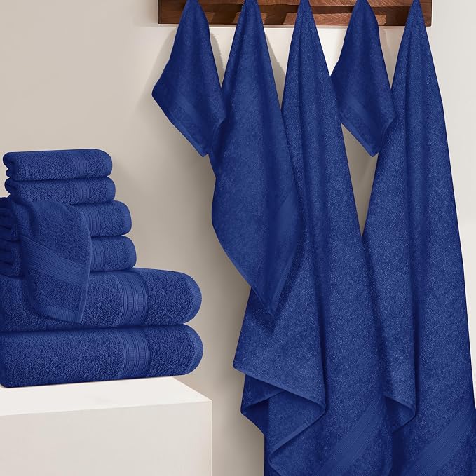 BOUTIQUO 24 Pack Cotton Towel Set, Contains 6 Bath Towels 27x54 inch, 6 Hand Towels 16x24 inch & 12 Wash Coths 12x12 inch, Ideal Everyday use, Ultra Soft Compact & Lightweight - Navy Blue