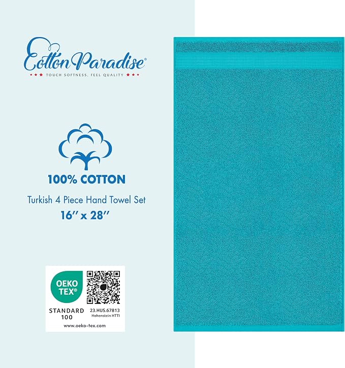 Cotton Paradise 100% Cotton Turkish Towel Set, Soft Absorbent Quick Dry, 4 Piece Hand Towel Set, Ocean Aqua