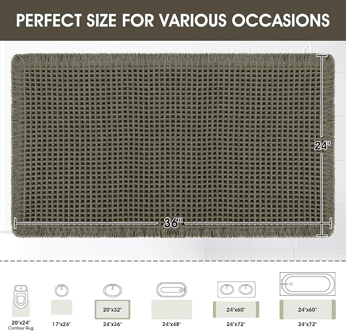 Upgraded Waffle Bath Mat, 36"x24" Greyish Green, Super Absorbent Non-Slip Quick Dry Bathroom Rugs with Tassels, Machine Washable Ultra Soft Boho Bath Rugs for Floor, Toilet Mats Boho Farmhouse Decor