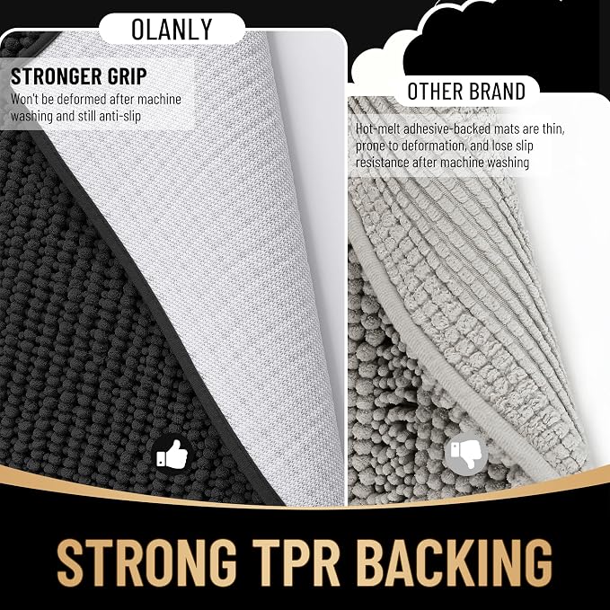OLANLY Thick Large Bathroom Rugs 70x46, Extra Soft Absorbent Chenille Bath Rugs, Rubber Backing, Machine Wash Dry, Bath Mats for Bathroom Floor, Tub and Shower, Home Decor Accessories, Black