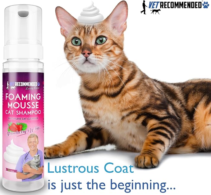 Vet Recommended Waterless Cat Shampoo Foaming Mouse - Strawberry Patch Scent (8 Oz/240 ml). for Sensitive Skin, Detergent and Alcohol Free. Helps in Cleaning, Conditioning & Moisturizing. Made in USA