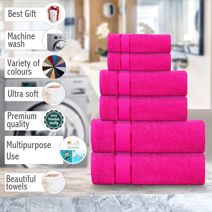 Bath Towels Set -100% Cotton - 2 Bath, 2 Hand & 2 Washcloths - Large, Thick, Fluffy, Absorbent, Quick Dry, Soft & Plush - 6 Piece Luxury Bathroom Towels - Hot Pink/Dark Pink/Fuchsia