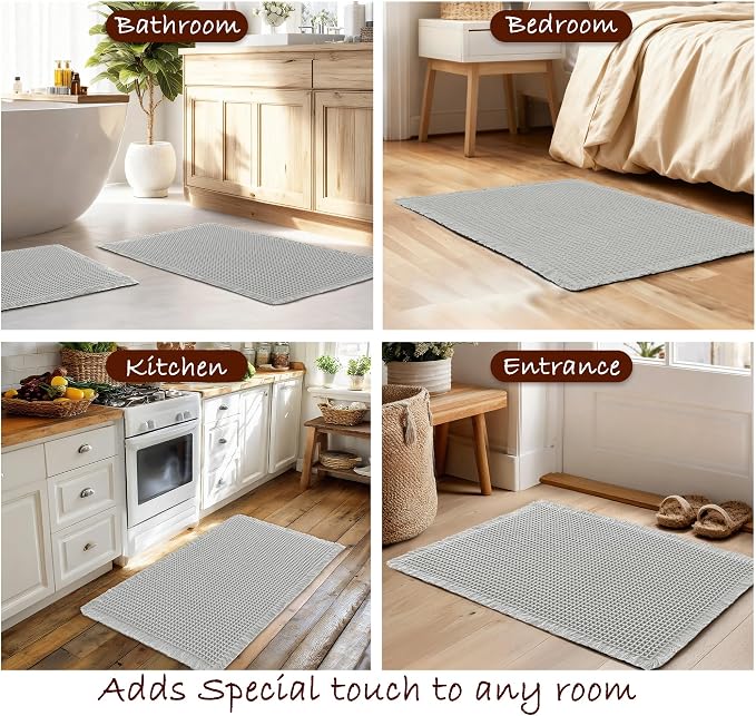 DWCN Set of 2 Waffle Boho Bathroom Mats, Non Slip Bath Rug Set for Bathroom Floor, Super Absorbent Shower Mats for Tub, Washable Kitchen Rugs for Farmhouse Home Decor, 20" x 32" Plus 24" x 48", Grey