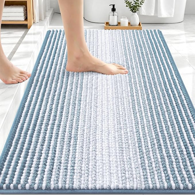 OLANLY Bathroom Rugs 30x20, Extra Soft Absorbent Chenille Striped Bath Rugs, Rubber Backing, Machine Wash Dry, Bath Mats for Bathroom Floor, Tub and Shower, Home Decor Accessories, Airy Blue
