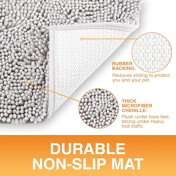 Neater Pets Muddy Paws Dog Door Mat 24” x 17” – Super Absorbent & Quick-Dry Chenille Doormat for Trapping Dirt, Water, Mud - Non-Slip & Machine Washable Pet Rugs for Entryway, Indoor Mud Mats, Gray