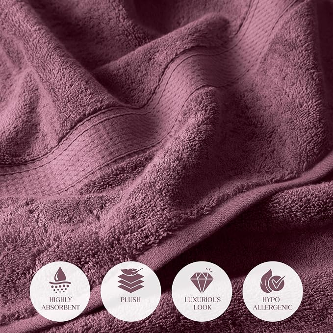 SUPERIOR Egyptian Cotton Ultra Plush & Absorbent, 6 Piece Set, Plum | Quick Dry, Soft Luxury Towel Set, Bath Essentials, Guest Bath, Spa, 2 Bath, 2 Hand, 2 Face Towels, Madeline Towels