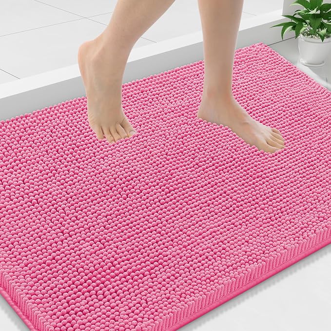 Smiry Luxury Chenille Bathroom Rugs 36x24, Extra Soft and Absorbent Shaggy Bath Mat, Machine Washable, Non-Slip Plush Carpet Runner for Tub, Shower, and Floor, Home Decor Accessories, Hot Pink
