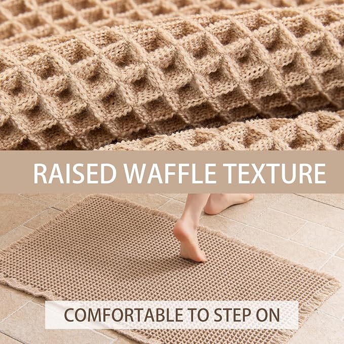 Waffle Bath Mat Non Slip, Boho Bathroom Rug, Super Absorbent Quick Dry Bathroom Mat, Soft Farmhouse Bath Rug with Tassels, Small Washable Shower Mats for Floor 24"x36", Brown