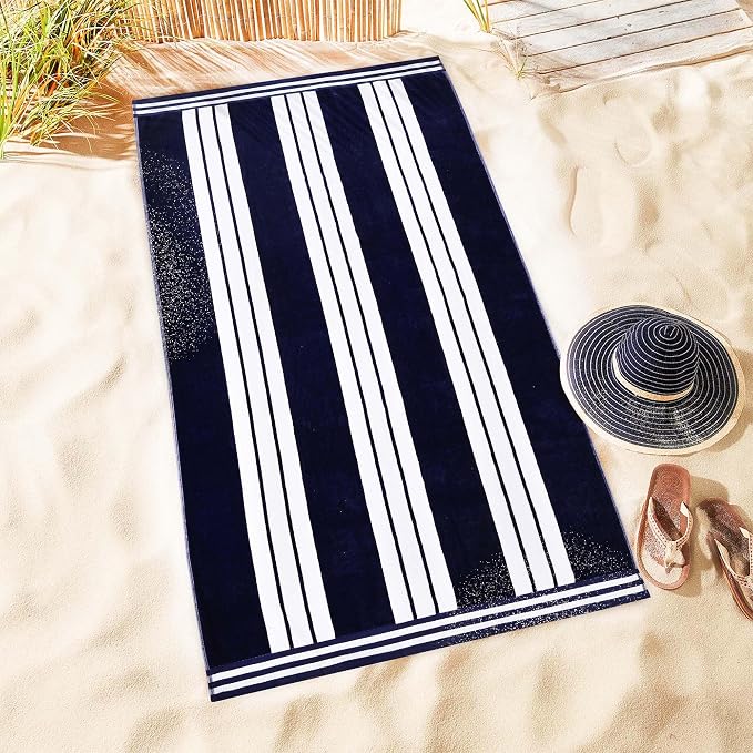 Superior Oversized Cotton Beach Towel Set of 2, Absorbent Towels for Bathroom, Pool, Swim, Adults, Kids, Vacation, Travel, Bath Sheet, Quick Dry Basics, Trip Essentials, Striped Decor, Blue