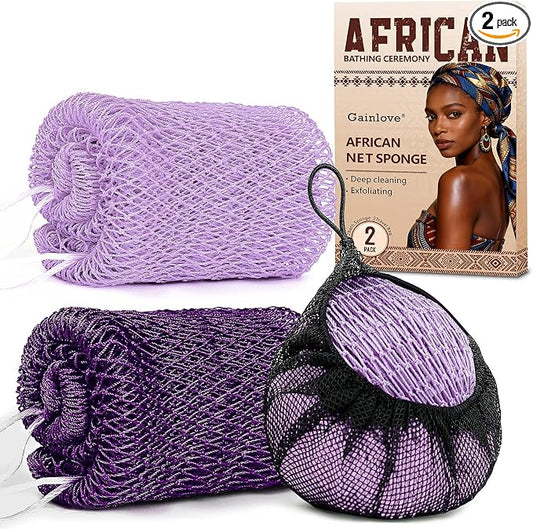 2 Pack African Net Sponge Exfoliating Body Scrubber Bath Sponge for Daily Use (Light Purple+Dark Purple)