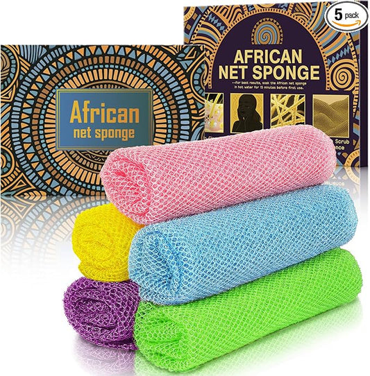 5 Pieces African Net Sponge – Deep Cleansing & Exfoliating Mesh for Glowing Skin – Stretchable, Quick-Dry Material for Daily Shower Use (Yellow, Pink, Purple, Blue, Green)