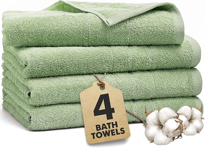 Bath Towels Set of 4 – 100% Ring Spun Cotton Light Green Extra Large Towels for Bathroom, Spa Use (55x28 in) – 550 GSM Super Soft and Quick Dry Large Bath Sheets for Adults