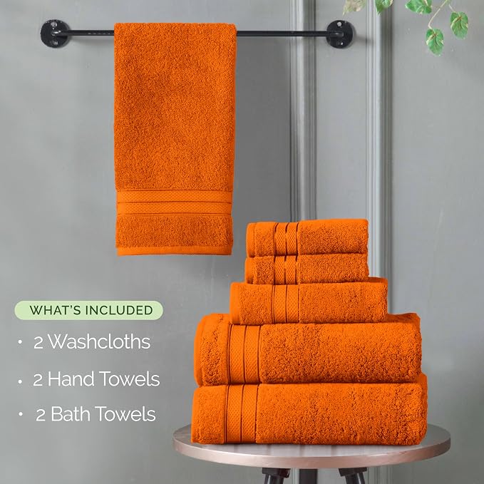Elegant Comfort Luxury 6-Piece Towel Set, Premium Soft 100% Turkish Cotton, Three Line Popcorn Design 2 Bath Towels, 2 Hand Towels and 2 Washcloths Towel Set-Quick-Drying and Absorbent, Vibrant Orange