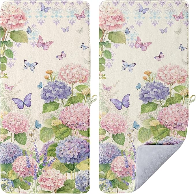 Vintage Hydrangea Flower Hand Towel High Absorbent Pattern Fleece Bathroom Towels Set of 2